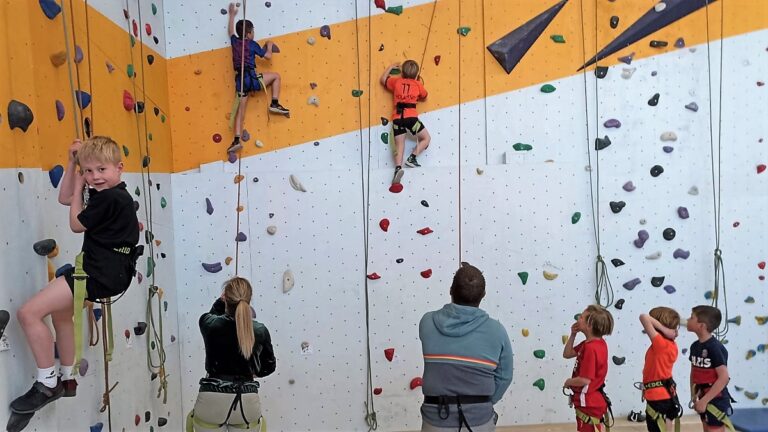 Drie kinderen kijken toe hoe drie andere kinderen aan het klimmen zijn. De ouders zijn aan het zekeren.