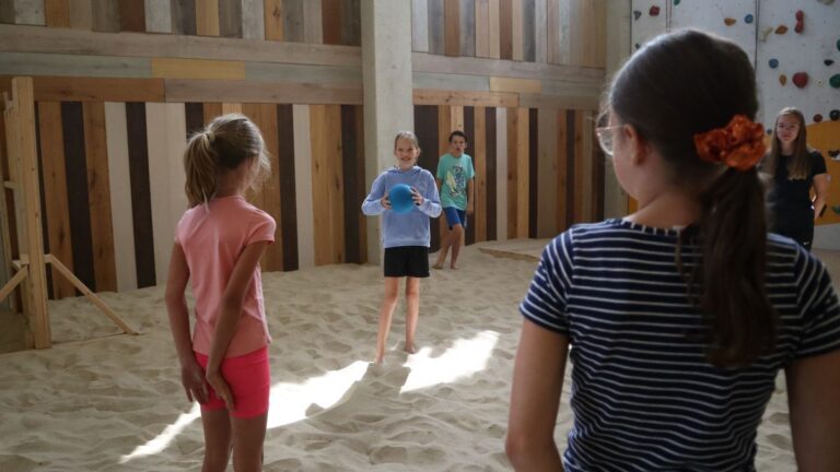 Een aantal kinderen speelt het handen op de rug spel met een bal.