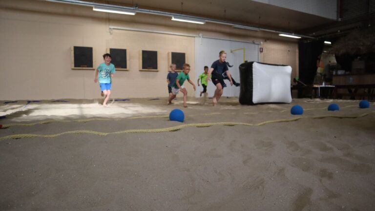 De kids rennen op de ballen af in het midden van het veld.