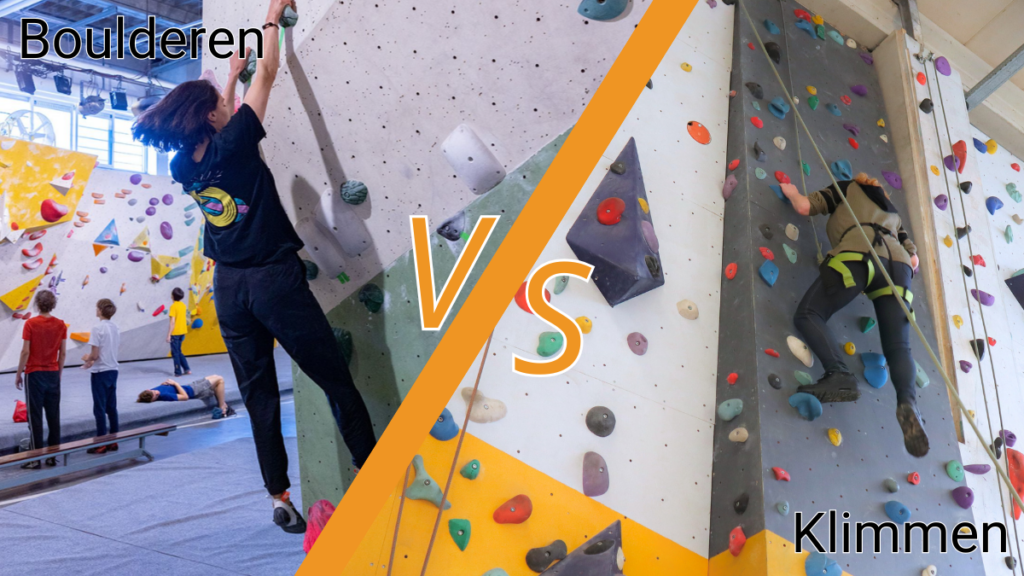 Aan de linkerkant is iemand aan het boulderen. Aan de rechterkant is iemand aan het klimmen. Deze afbeelding laat de verschillen tussen boulderen en klimmen zien.